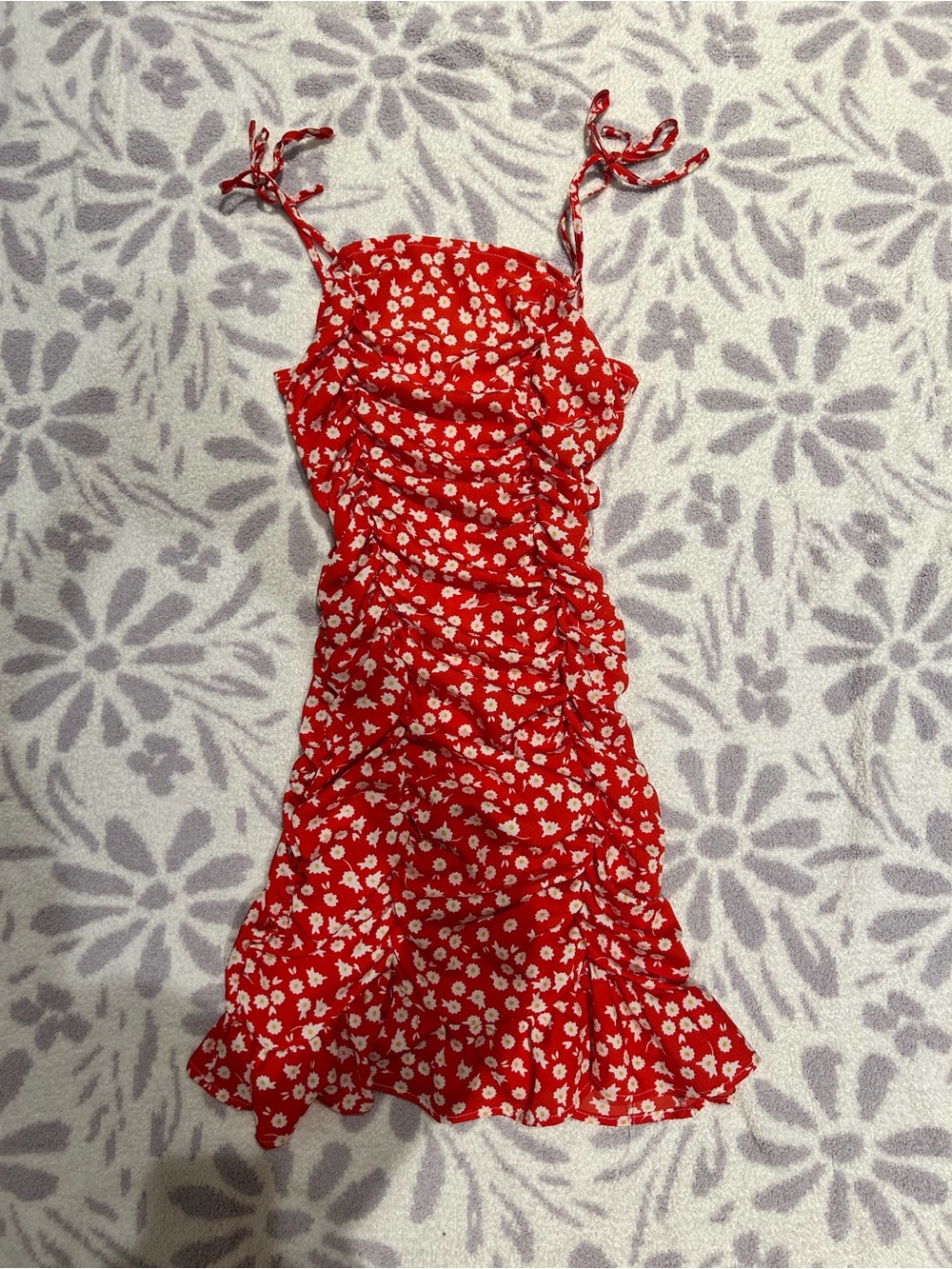 Red and White Floral Scrunch Dress